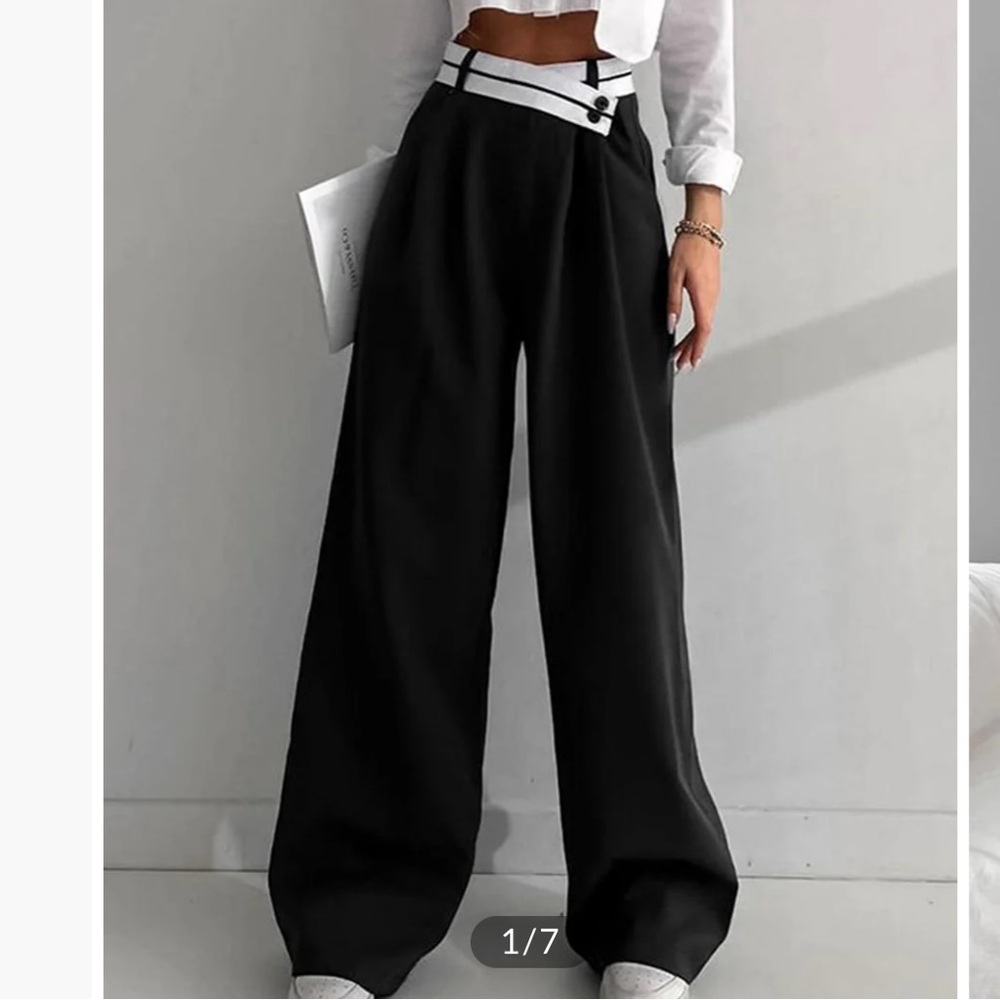 Commense Black Asymmetrical White Contrast Waistband Wide Leg Dress Pants - Picture 3 of 11